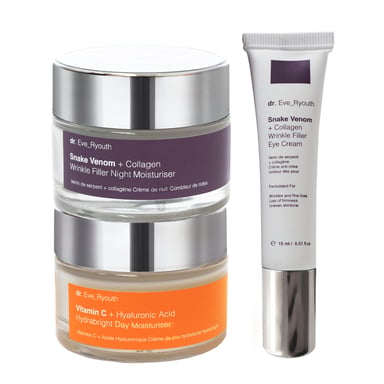 Vitamin C + Hyaluronsäure Hydrabright Day Moisturiser 50ml + Snake Venom + Collagen Wrinkle Filler Night Moisturiser 50ml + Snake Venom + Collagen Wrinkle Filler Eye Cream 15