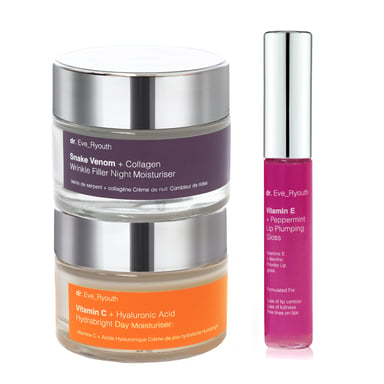 Vitamin C + Hyalurons‰ure¬ Hydrabright¬ Day Moisturiser 50ml + Snake Venom + Collagen Wrinkle Filler Night Moisturiser 50ml + Vitamin E Lip LPumps 8ml