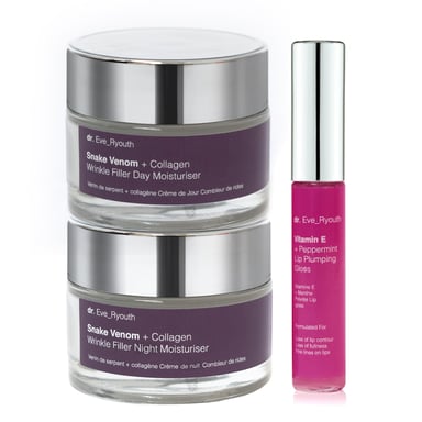 Schlangengift + Kollagen Faltenf¸ller Tagesfeuchtigkeitspflege 50ml + Schlangengift + Kollagen Faltenf¸ller Nachtfeuchtigkeitspflege 50ml + Vitamin E Lip Plumps 8ml