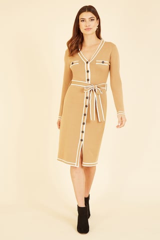 Camel Knitted Shirt Dress With Contrast Border