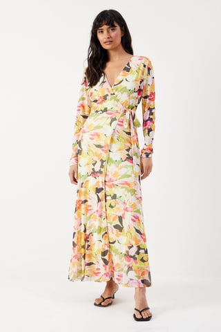 Bloom Floral Mesh Asymmetric Seam Wrap Midi Dress