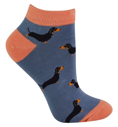 Damen Bambus Trainer Socken | Miss Sparrow | Atmungsaktive Low Cut Socken für Frauen - Sausage Dogs (Blau)