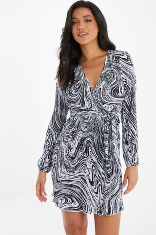 Black Plisse Swirl Wrap Dress