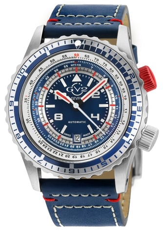 GV2 Contasecondi Herrenuhr mit blau/rotem Zifferblatt aus blauem Kalbsleder