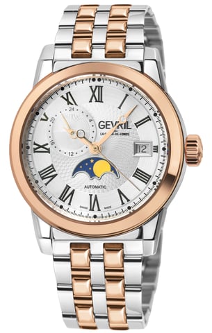 Gevril Herrenuhr Madison Mondphase offenes Herz Silber/Schwarzes Zifferblatt, Rose Gold Edelstahl Schweizer Automatik Sellita SW285-B