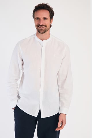 White Linen Blend Long Sleeve Button-Up Shirt With Grandad Collar