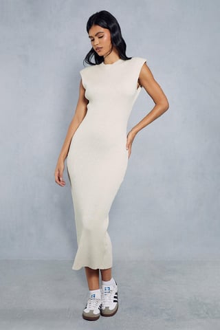 Knitted Ribbed Shoulder Pad Detail Maxi Dress