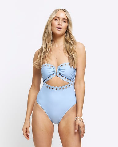 River Island Womens Bandeau Swimsuit Blue Scallop Hem