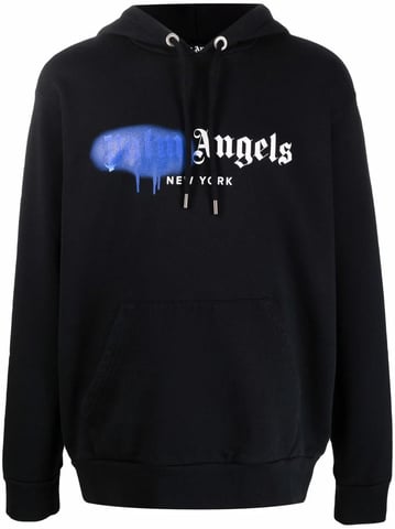 Palm Angels New York Blauer Gespritzt Logo-Druck Hoodie Schwarz