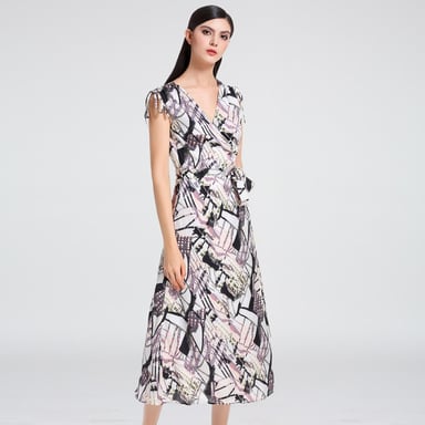 Geometrisch bedrucktes Midi-Wickelkleid