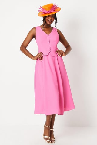 Lisa Tan Waistcoat Midi Dress With Drape Skirt