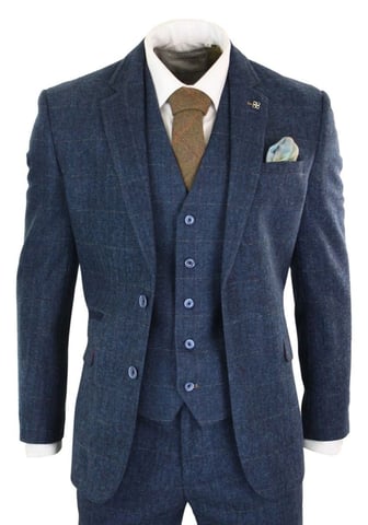 3-teiliger klassischer Herrenanzug aus Tweed mit Fischgrätenmuster in Marineblau