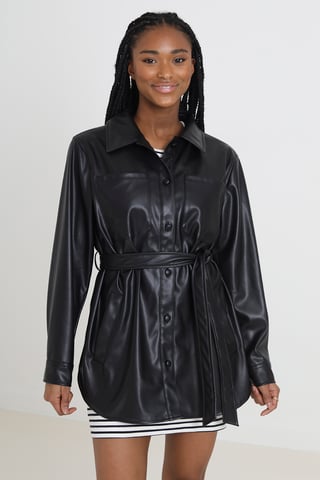 Black 'Dana' Faux Leather Self Tie Shacket