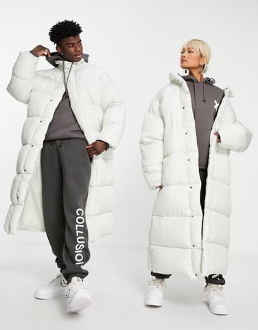COLLUSION Unisex maxi puffer jacket in ecru-White
