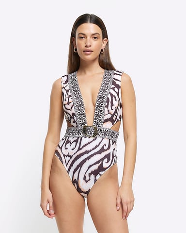 River Island Womens Swimsuit Cream Abstract Buckle