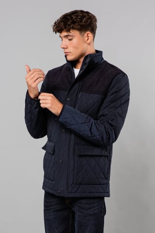 Navy Diamond Quilted Jacket With Corduroy Detail