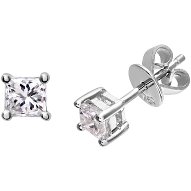 Boucles d'oreilles à tige en or blanc 18 carats avec diamants taille princesse certifiés J/I 1/2 carat