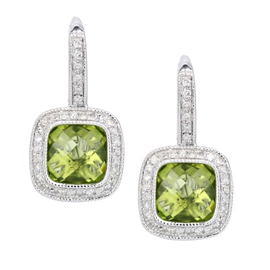 Boucles d'Oreilles Créoles Carrées Diamants et Péridot Or Blanc 9 Carats