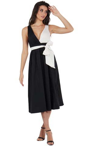 Schwarzes Midikleid aus Popeline mit kontrastierender weißer Taille