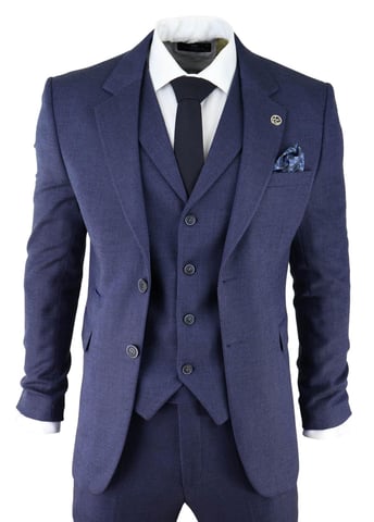 Marineblauer 3-teiliger Tweed-Heringbone-Anzug für Herren von Peaky Blinders, klassisch maßgeschneidert