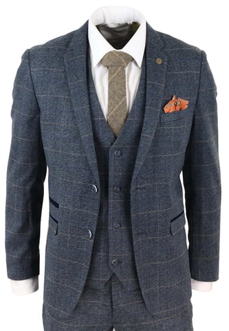 3-teiliger Herrenanzug aus blauem Tweed mit Karomuster im Vintage-Stil