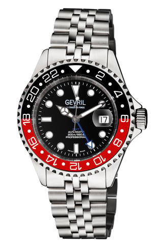 Gevril Herrenuhr Wall Street 4954B Schweizer Automatik GMT, SW330 Uhrwerk mit Leuchtdatum aus Edelstahl