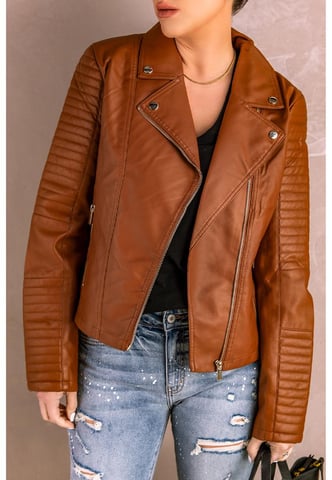 Azura Exchange Women's Ribbed Seam Detail Faux Leather Motorcycle Jacket in Brown