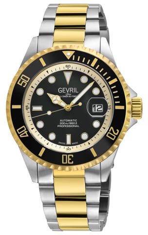 Gevril Herren Wall Street Schweizer Automatik Sellita SW200 Schwarz Emaille Zifferblatt, SS/IPYG Satin und poliert Armbanduhr