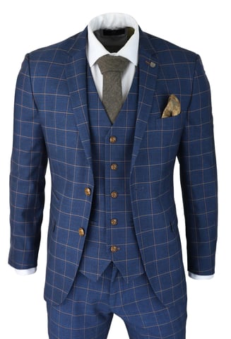 Herren 3-teiliges Anzug Blau-Gold Karomuster Peaky Blinders 1920 Gatsby Eleganter Vintage Anzug