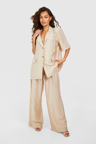 Textured Crinkle Relaxed Fit Wide Leg Trousers