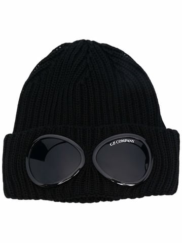 CP Company Logo-Print-Goggle-Wollmütze in Schwarz