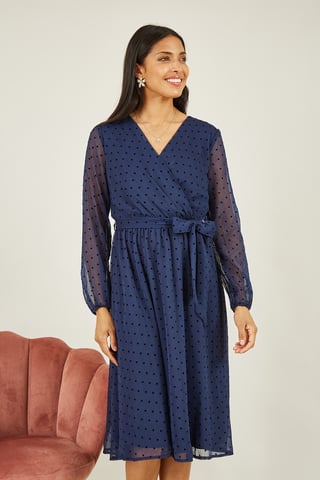 Navy Dobby Spot Long Sleeve Wrap Over Midi Dress