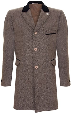 Herren 3/4 brauner langer Crombie-Mantel, Fischgrät-Tweed-Mantel, Peaky Blinder