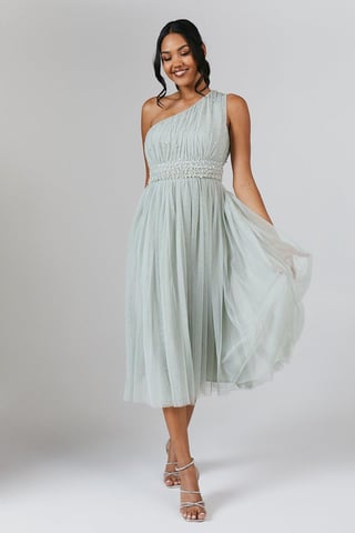 One Shoulder Pearl Embellished Mesh Bridesmaids Midi Dress