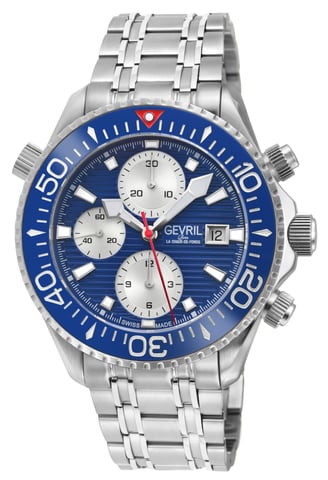 Gevril Herren Hudson Yards Chronograph Schweizer Automatik, 316L Edelstahlgehäuse, blaues Emaille-Zifferblatt, 316L Edelstahlarmbanduhr.
