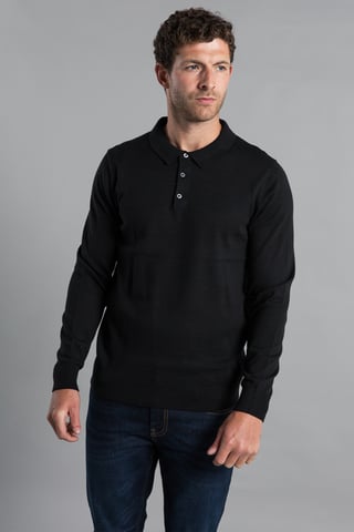 Black Cotton Knitted Long Sleeve Polo