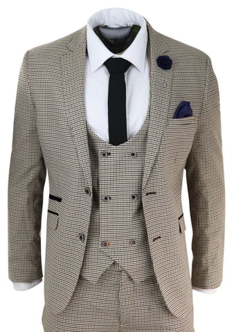 3-teiliger Herrenanzug im Retro-Vintage-Stil, beige, kariert