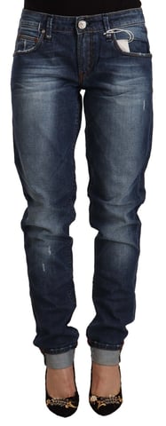 Acht Damen Blaue Gewaschene Mittelhohe Slim Fit Denim Jeans mit Umschlagkante