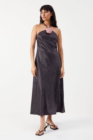 Satin Corsage Detail Bias Cut Midi Dress