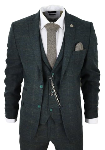 Herren 3-teiliges Wollanzug Olivgrün Tweed Karo Peaky Blinders 1920 Gatsby Formal