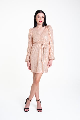 Champagnerfarbenes Pailletten-Minikleid mit Gürtel und V-Ausschnitt