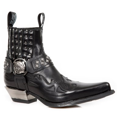 New Rock Western-Bikerstiefel aus schwarzem Leder mit Nieten-7950-S1
