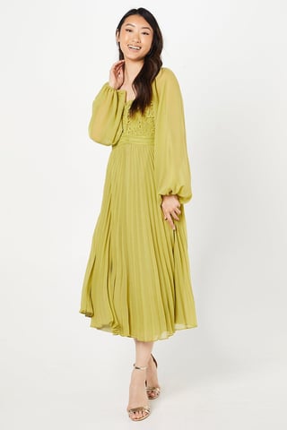 Lace Bodice Pleated Skirt Midi Dress