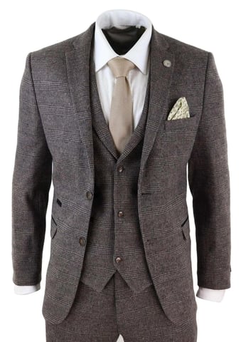 Dreiteiliger brauner Fischgräten-Tweed-Anzug für Herren
