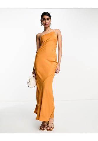 ASOS DESIGN satin one shoulder maxi dress with cut out elastic band detail in sunset orange