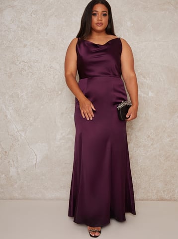 Plus Size Cowl Neck Satin Slip Maxi Dress in Purple