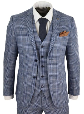 Herren 3-teiliges Anzugset in Blau-Grau mit Karomuster, Vintage Retro