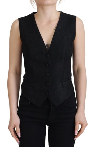 Dolce & Gabbana Damen Schwarze Brokat Knopf-Boden Ärmellose Weste Top