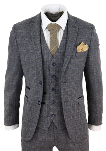 Herren 3-Teiliges Marineblaues Tweed-Karomuster Vintage Retro Anzug