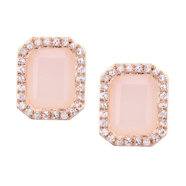 Boucles d'oreilles à tige en or rose 9 carats avec diamants et opale rose taille rectangulaire